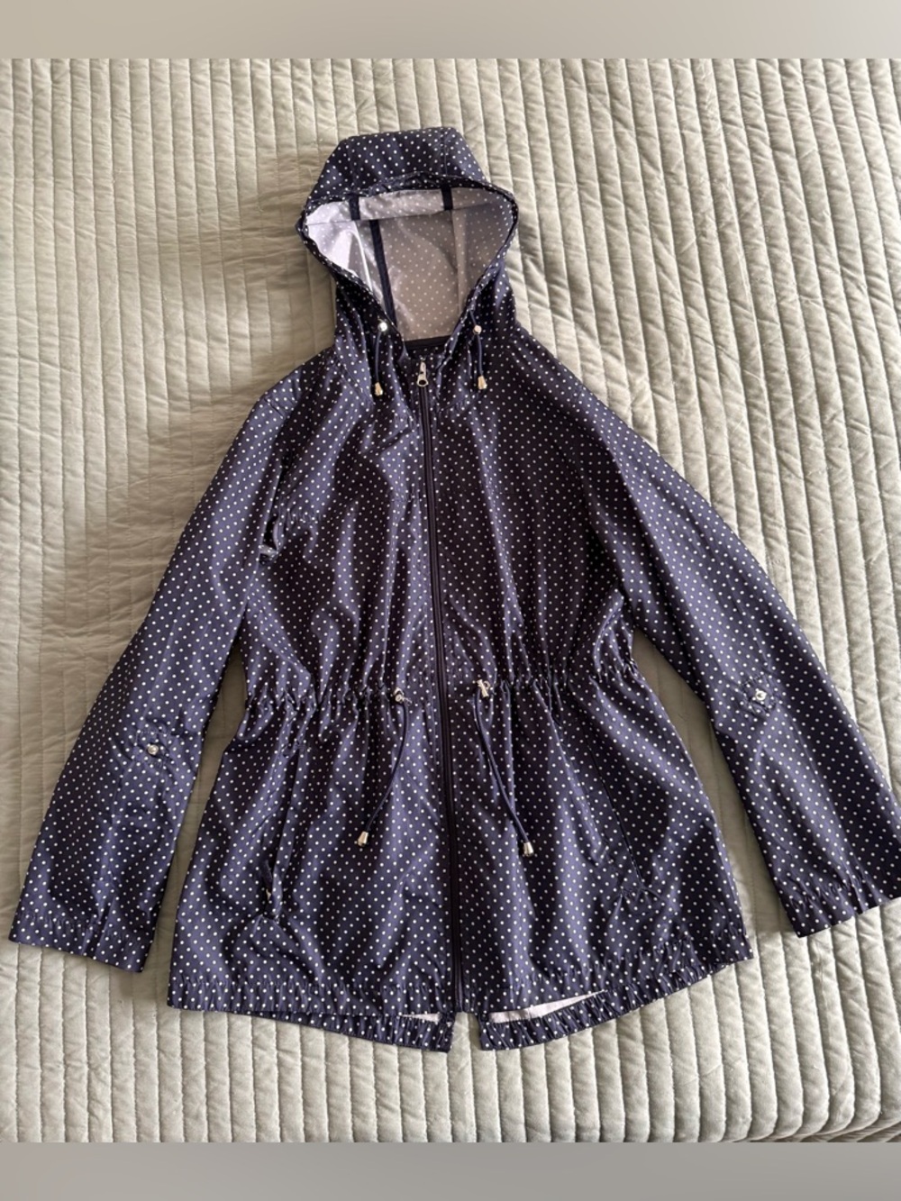 Navy Polka Dot Hooded Rain Jacket